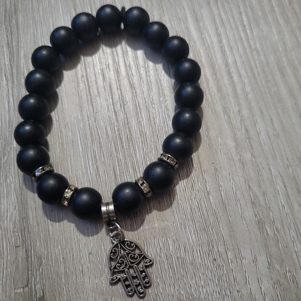 Matte Black Onyx Beaded Bracelet W Hamsa Hand Charm